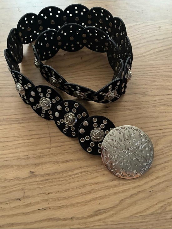 Vintage Wide Faux Leather  Belt with Concho Discs Adjustable Roses Details main image 12